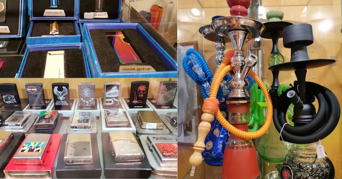 Interior de Estanc i Cava de Puros Gibert con productos para fumadores